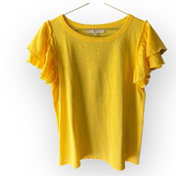 NWT LOFT Yellow Flutter Sleeve Ruffled Tee - Picture 2 of 5